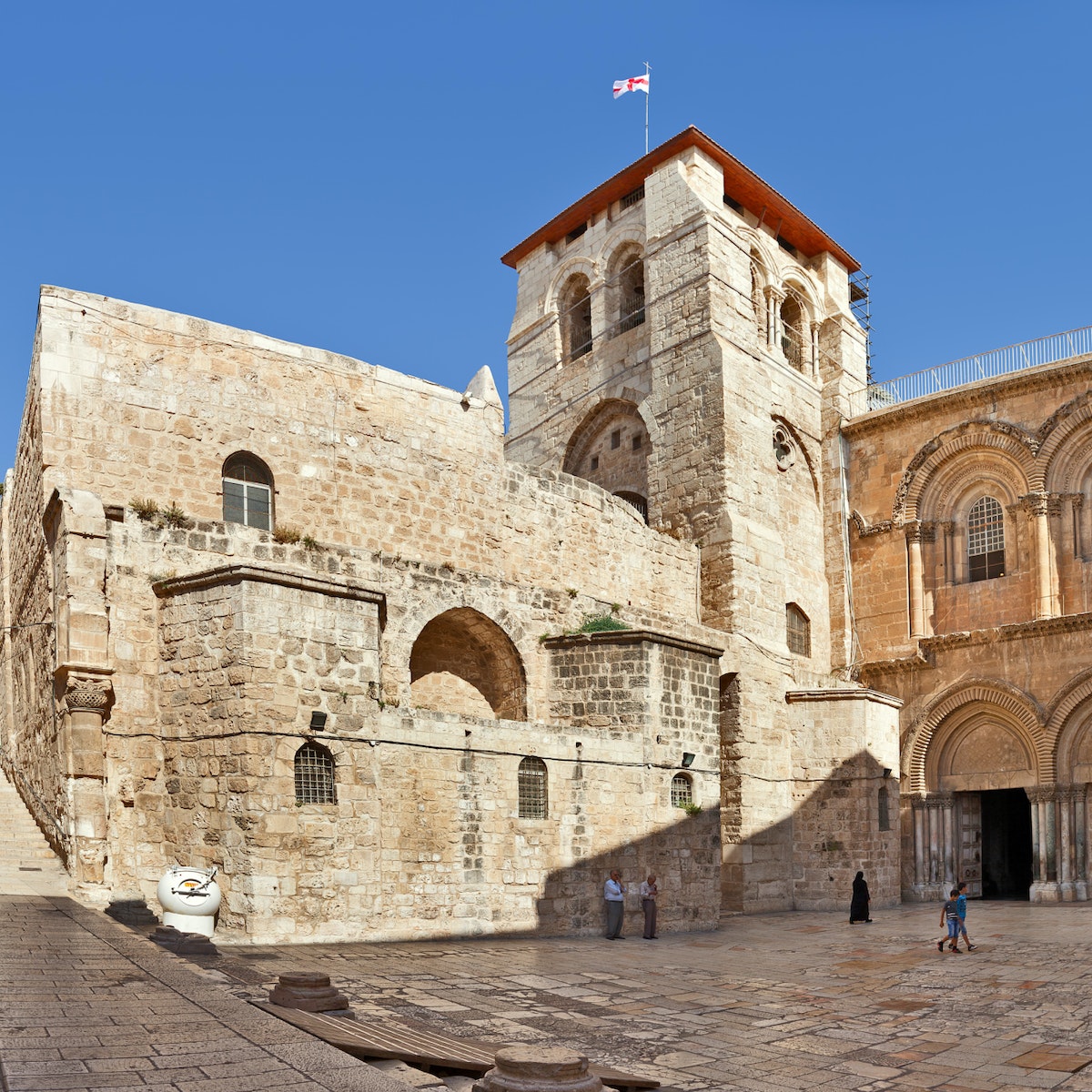 Jerusalem, Israel - July 26, 2015: Panorama of the Church of the Holy Sepulchre  - church in Christian Quarter of the Old City of Jerusalem where Jesus was crucified, buried and resurrected.