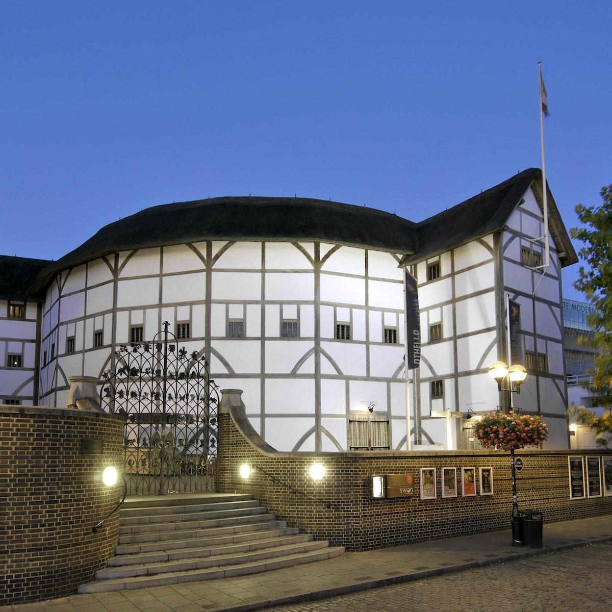 Dusk view of Shakespeare's Globe Theatre on the banks of the River Thames in London