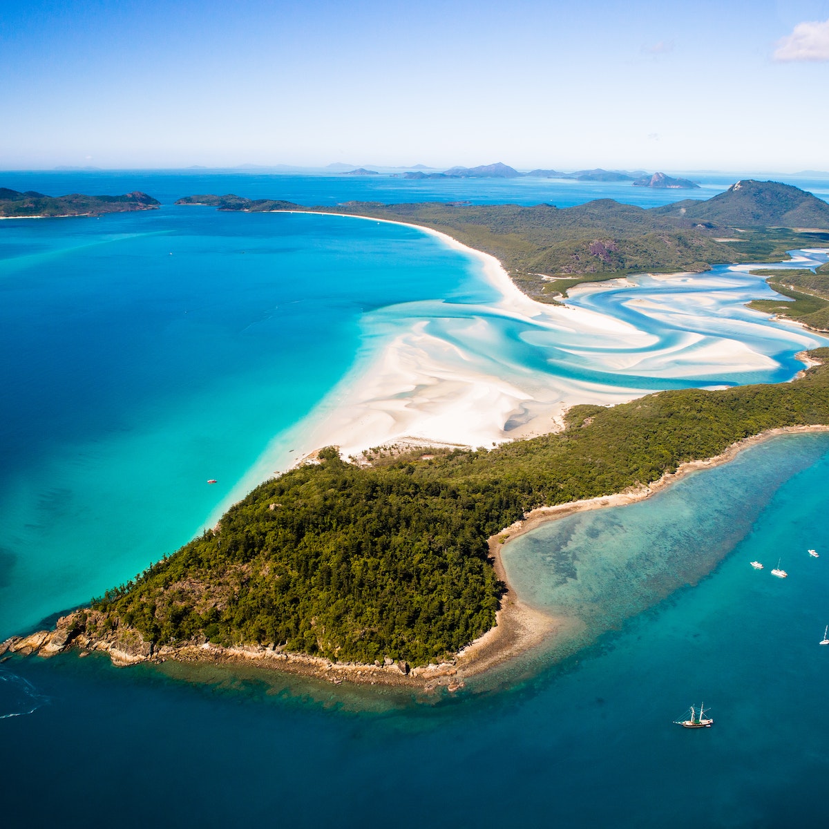 Aerial view over Hill Inlet at Whitsunday Island with the world renowned Whitehaven Beach in the Whitsunday's, Queensland