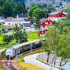 Flam, Norway Myrdal train in Norwegian village near Sognefjord fjord, local landmark