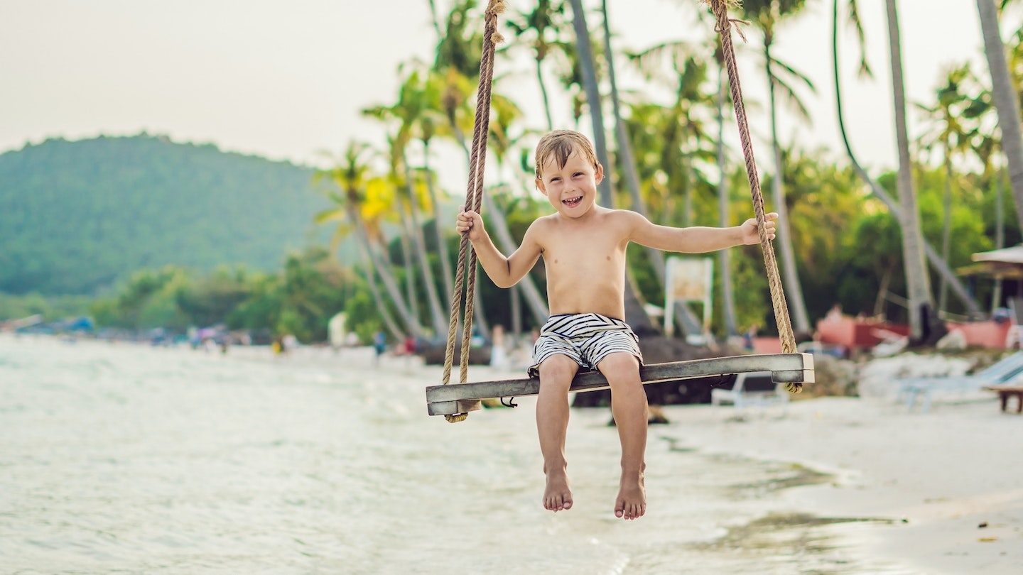 Happy boy sit on swing at the sea shore on sunset.
1197466982