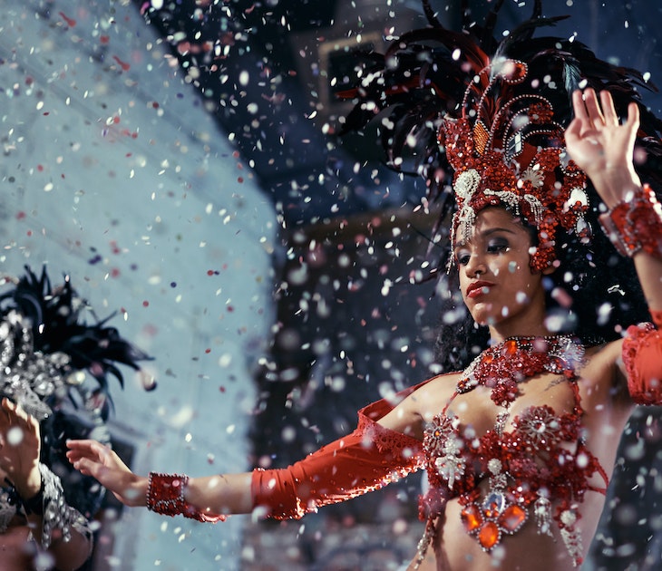 Two samba dancers performing at Carnival.
