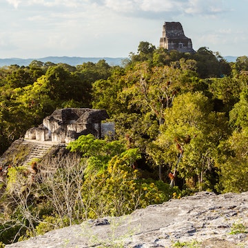 Tourist looking at old mayan ruins from high lookout (Temple IV and temple of the Lost World), Tikal National Park, Peten, Guatemala