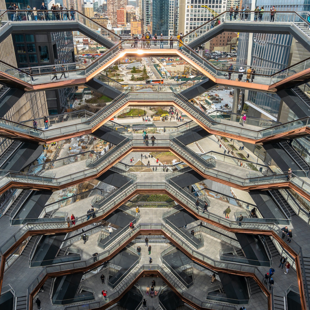 April 2019: Visitors on staircases at Vessel, which is part of the Hudson Yards Redevelopment Project.