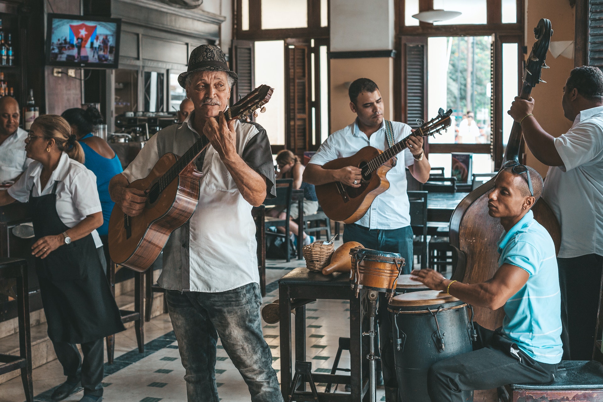 Cuban band performing live music in the bar Dos Hermanos, in Havana, Cuba