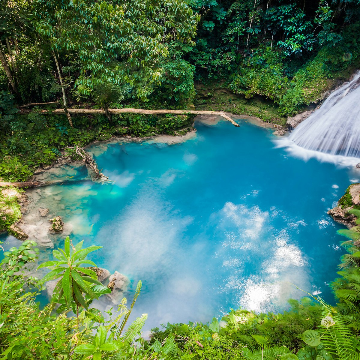 High-angle view of Blue Hole Waterfall in Jamaica.